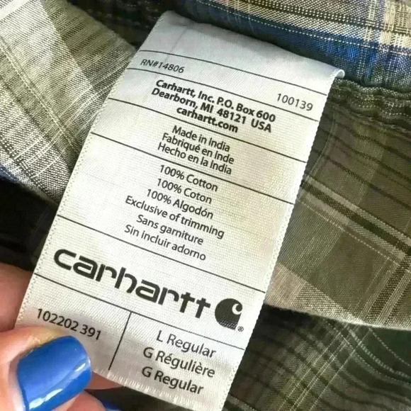 CARHARTT Green Plaid Durable 100% Cotton Long Sleeve Button Down Shirt Size L - Picture 12 of 14